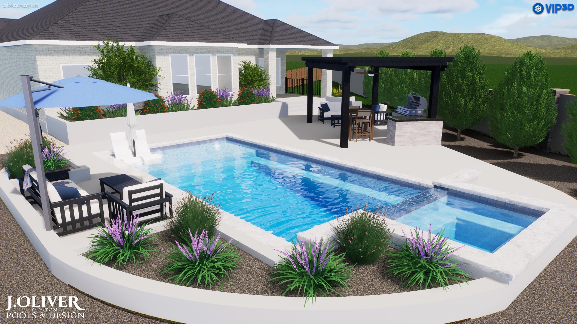 3D custom pool and spa design rendering with pergola and outdoor kitchen by J. Oliver Pools
