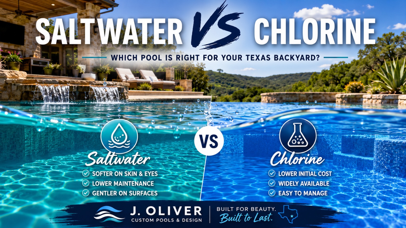 Saltwater vs. chlorine pool comparison for Texas backyards by J. Oliver Pools